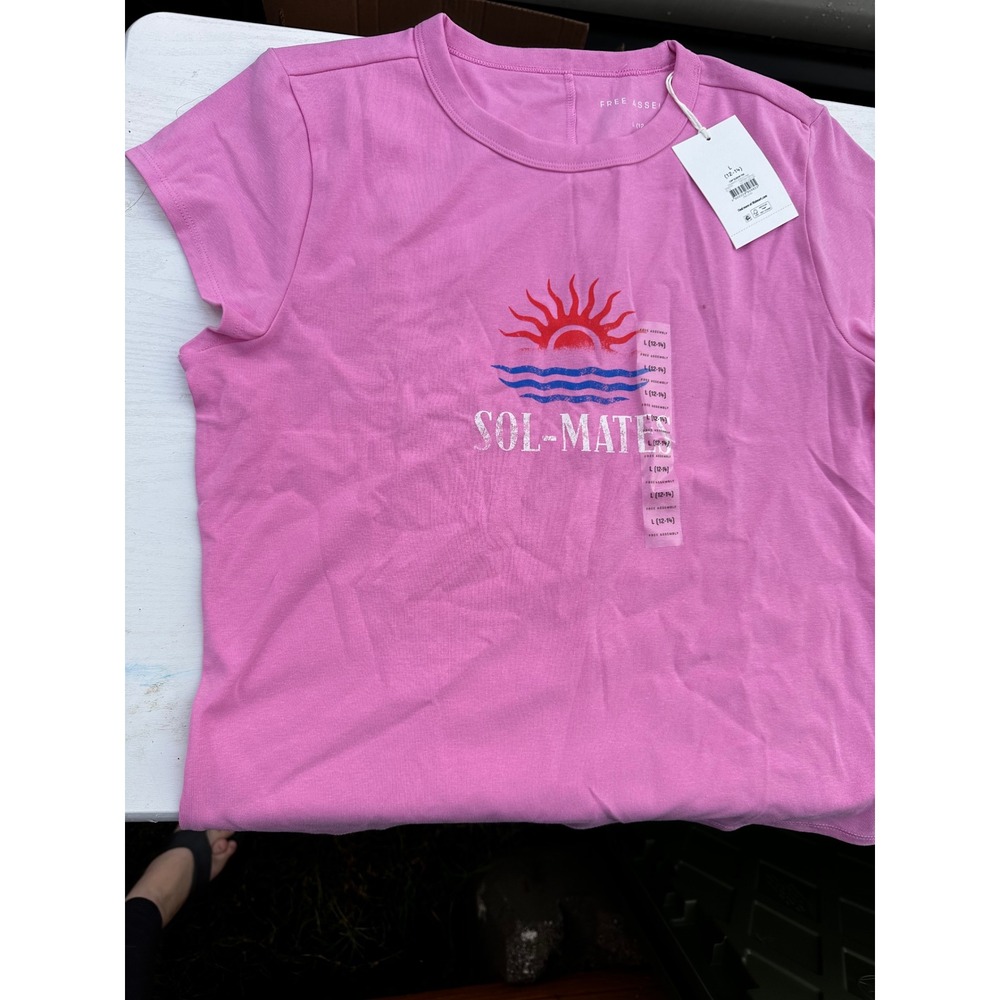 Free Assembly Womens Pink Sol-Mate Graphic Cap Sleeve Tee Size L 12-14 NWT